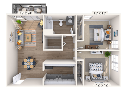 Floor plan for 2 beds, 1 bath, 849 sqft